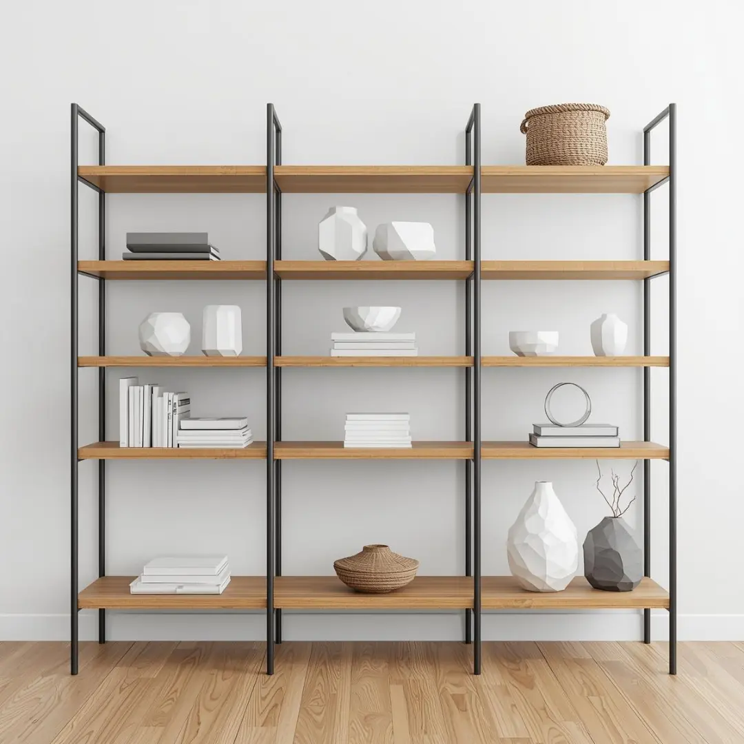 Organized home space with natural wood shelving and minimal decor