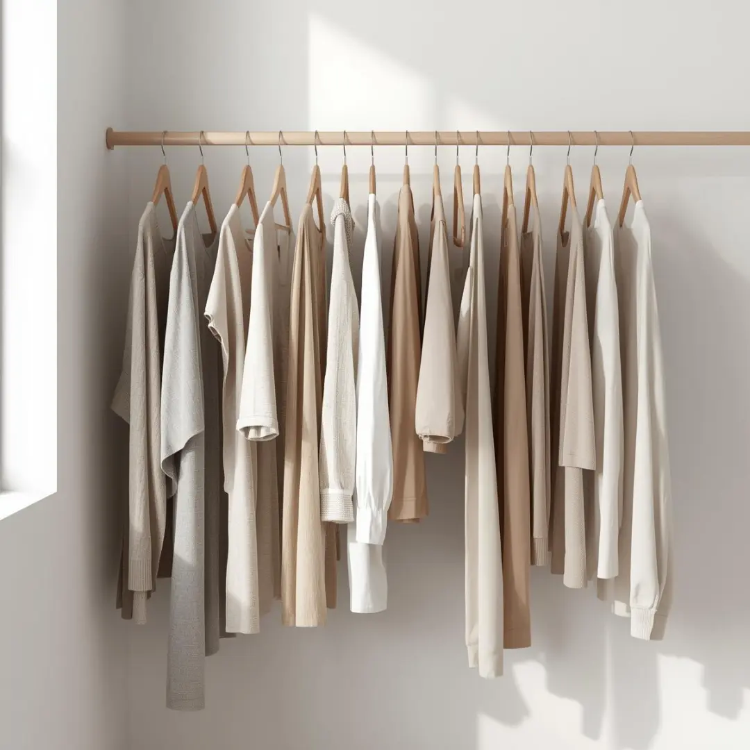 Organized minimalist wardrobe with neutral clothing and wooden hangers